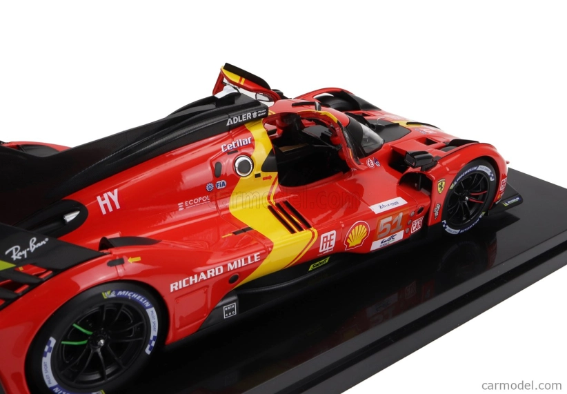 Bburago Ferrari 499p 3.0l Turbo V6 Team Ferrari Af Corse N 51 Winner 24h Le Mans 2023 Alessandro Pier Guidi - James Calado - Antonio Giovinazzi - With Showcase - Exclusive Carmodel 1:18 Červená Žlutá Černá