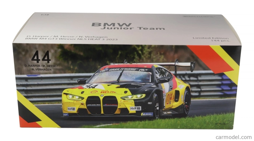 Minichamps BMW radu 4 M4 Gt3 Team Bmw Junior N 44 Víťaz Nls 3 Nurburgring Adac Rundstrecken Trophy 2023 Dan Harper - Max Hesse - Neil Verhagen 1:18 Žltá červená čierna