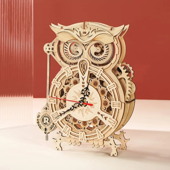 RoboTime 3D dřevěné mechanické puzzle Soví hodiny