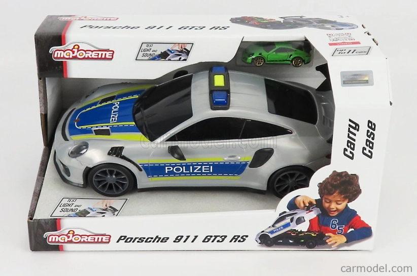 Majorette Porsche 911 991 Gt3 Rs Coupe Polizei 2013 + 911 Gt3 Rs 1/64 Scale 1:16 Stříbrná Modrá