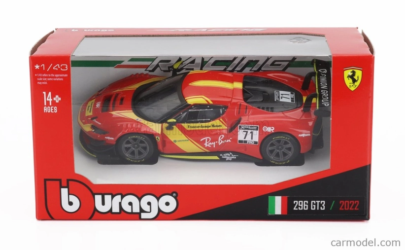 Bburago Ferrari 296 Gt3 3.0l Twin Turbo V6 N 71 Racing 2023 1:43 červená žltá
