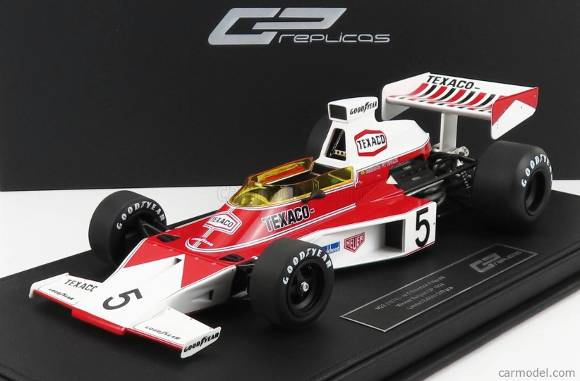 Gp-repliky Mclaren F1 M23 Ford Texaco N 5 Víťaz belgických pretekov Emerson Fittipaldi 1974 Majster sveta 1:18 Červená biela