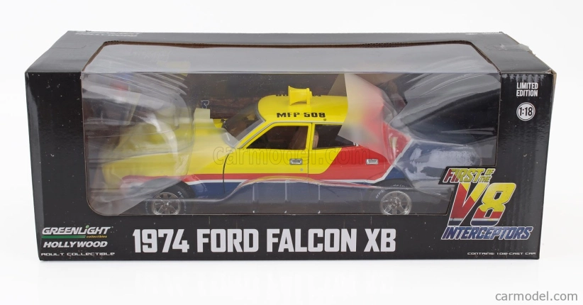Greenlight Ford usa Falcon Xb V8 Police Interceptor Mad-max 1973 Movie - M.rockatansky The Dark One 1:18 Žltá červená modrá