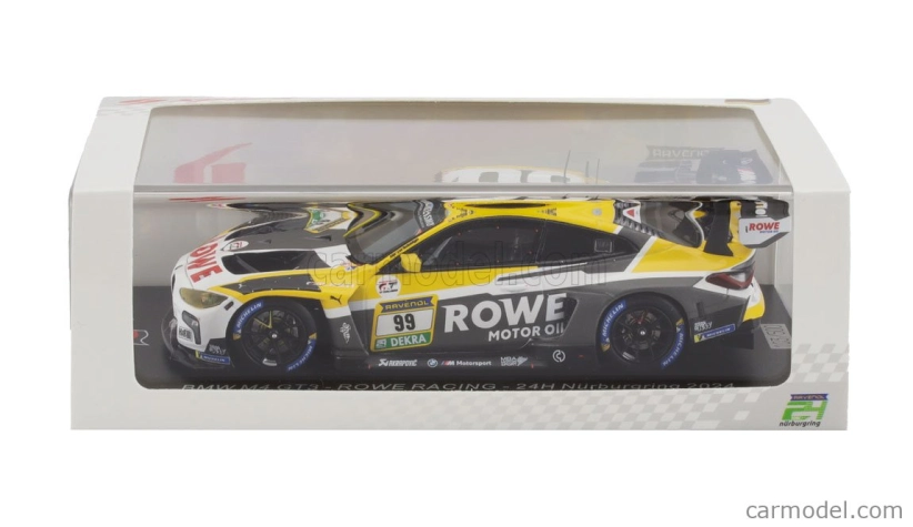 Spark-model BMW radu 4 M4 Gt3 Team Rowe Racing N 99 24h Nurburgring 2024 R.frijns - S.van Der Linde - D.vanthoor - A.farfus 1:43 Sivá Žltá Biela