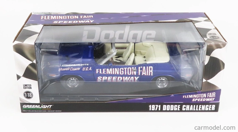 Greenlight Dodge Challenger Cabriolet Open Official Pace Car Flemington Fair Speedway 1971 1:18 Purple