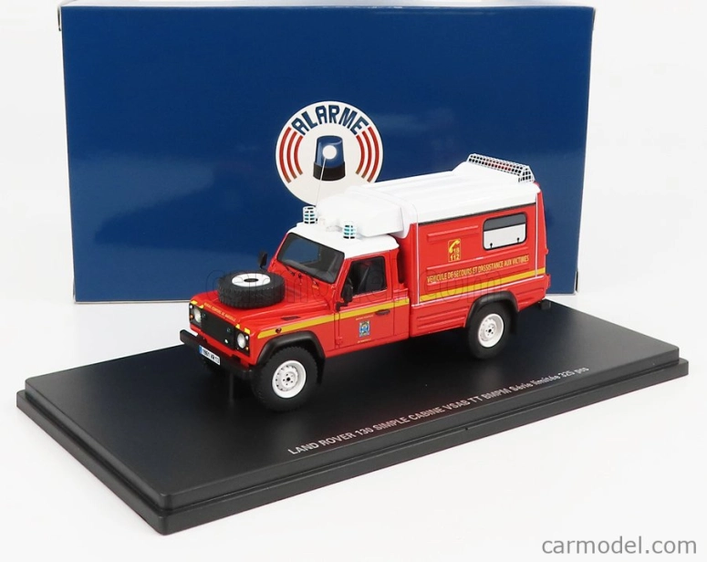 Alarme Land rover Defender 130 Pick-up Closed Vsab Tt Bmpm Sapeurs Pompiers Vehicule De Secours Et D'assistance Aux Victimes 1986 1:43 Red White