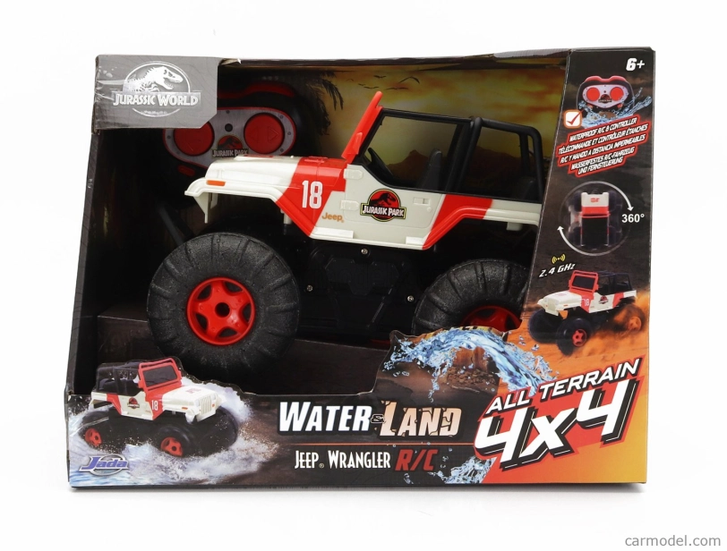Jada Jeep Wrangler Sea And Water Land Open 2015 - Jurský svet 1:16 Bielo-červená