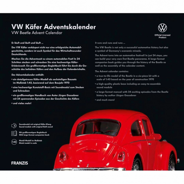 Franzis adventný kalendár VW Beetle so zvukom 1:43, červená