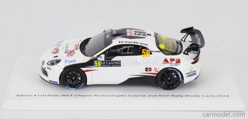 Spark-model Renault Alpine A110 Rgt Team Chazel Technologies Course N 59 2nd Rgt Rally Montecarlo 2024 Eric Royere - Alexis Grenier 1:43 White Black