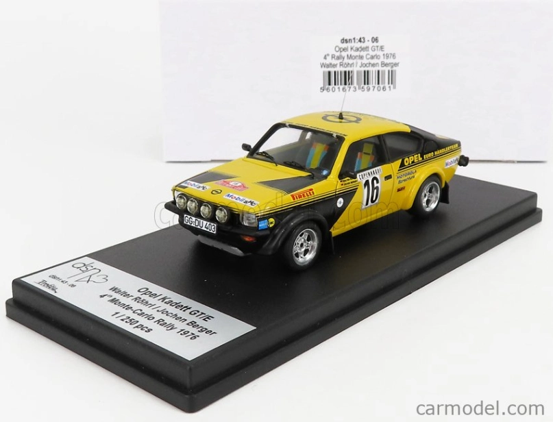 Trofeu Opel Kadett C Gt/e (nočná verzia) N 16 4th Rally Montecarlo 1976 Walter Rohrl - Jochen Berger 1:43 Žltá čierna