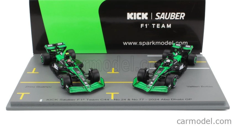 Spark-model Sauber Set F1 2x C44 Team Stake Kick N 77 Abu Dhabi GP 2024 Valtteri Bottas + N 24 Abu Dhabi GP 2024 Zhou Guanyu 1:64 Green Black
