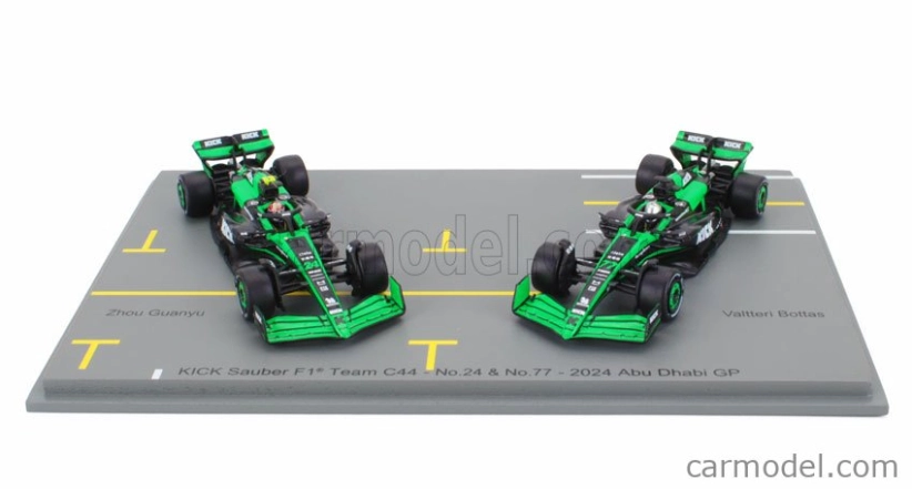 Spark-model Sauber Set F1 2x C44 Team Stake Kick N 77 Abu Dhabi GP 2024 Valtteri Bottas + N 24 Abu Dhabi GP 2024 Zhou Guanyu 1:64 Green Black