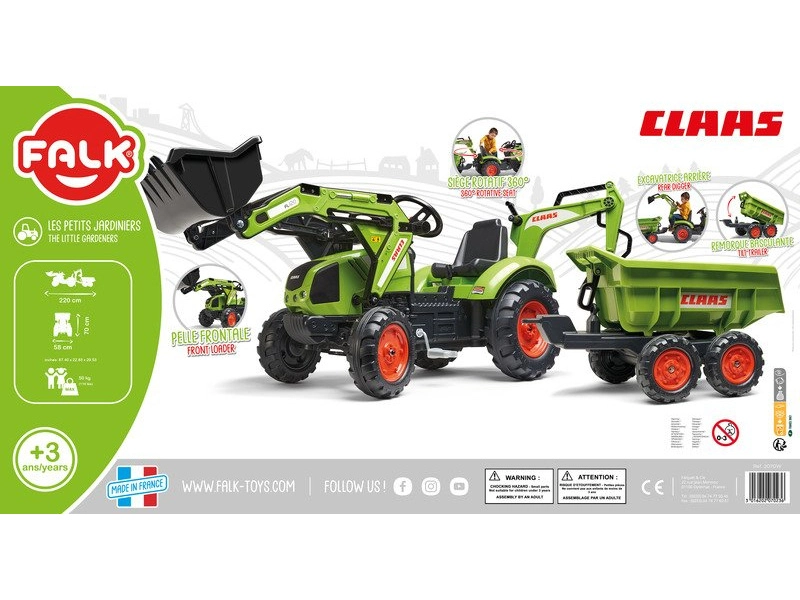 FALK – Šliapací traktor Claas Backhoe s nakladačom, rýpadlom a maxi vlečkou