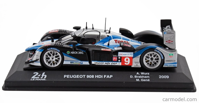 Edicola Peugeot 908 Hdi Fap 5.5l Turbo V12 Team Peugeot Sport Total N 9 Winner 24h Le Mans 2009 David Brabham - Marc Gene - Alexander Wurz 1:43 Černá Modrá Stříbrná