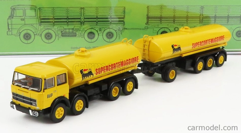 Brekina plast Fiat 691 Millepiedi Tanker Truck Agip Supercortemaggiore 1961 1:87 Žlutá Černá