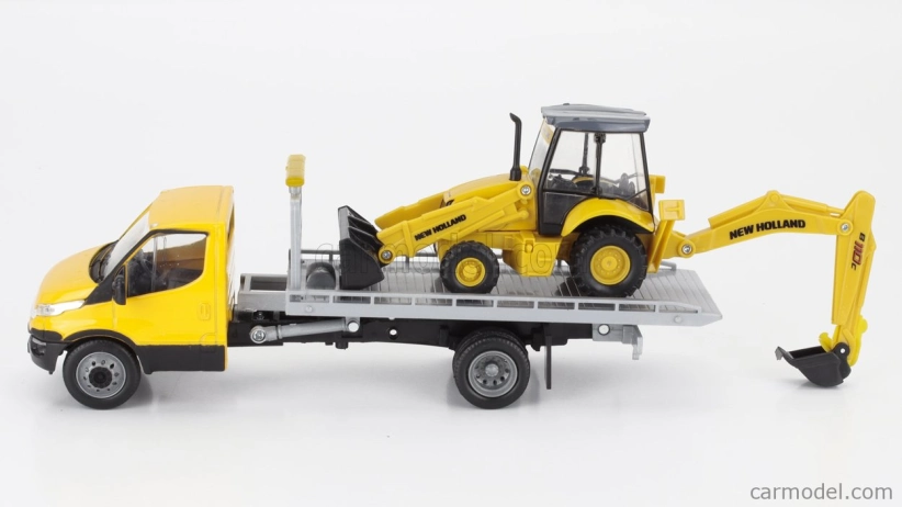 Newray Iveco fiat Daily Roll-off Pianale 2023 With Accessories + New Holland B110c Ruspa Gommata - Scraper Tractor 1:36 Žlutá Černá
