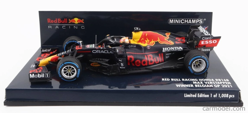 Minichamps Red bull F1 Rb16b Honda Ra620h Team Aston Martin N 33 Winner Belgium Gp 2021 Max Verstappen 1:43 Matná modrá žltá červená