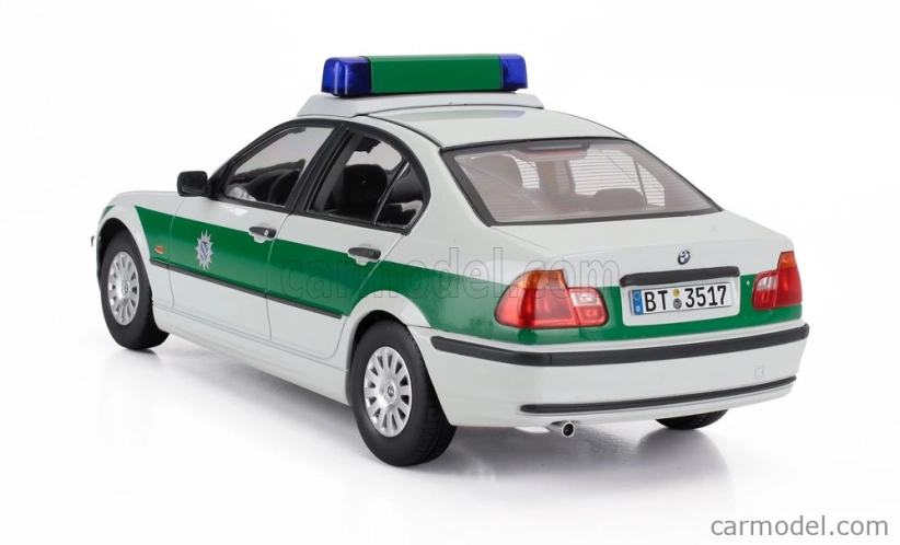 BMW radu 3 (e46) Polizei 1999 v mierke 1:18 bielo-zelená