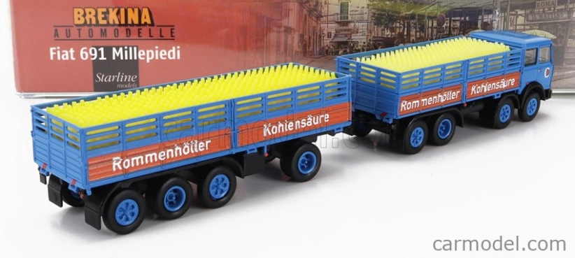 Brekina plast Fiat 691 Truck Millepiedi Rommenholler Kohlensaure 1970 1:87 Modrá čierna žltá