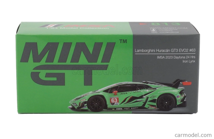 Mini-gt Lamborghini Huracan Gt3 Evo2 Team Iron Lynx N 63 Imsa 24h Daytona 2023 Mirko Bortolotti - Andrea Caldarelli - Roman Grosjean - Jordan Pepper 1:64 Green