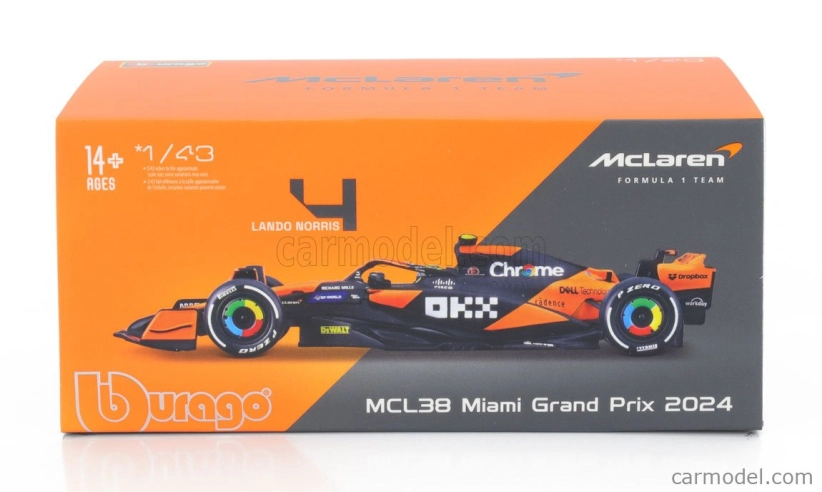 Bburago Mclaren F1  Mcl38 Team Mclaren N 4 Winner Miami Gp 2024 First F1 Victory Lando Norris - With Pilot And Showcase 1:43 Oranžová Černá