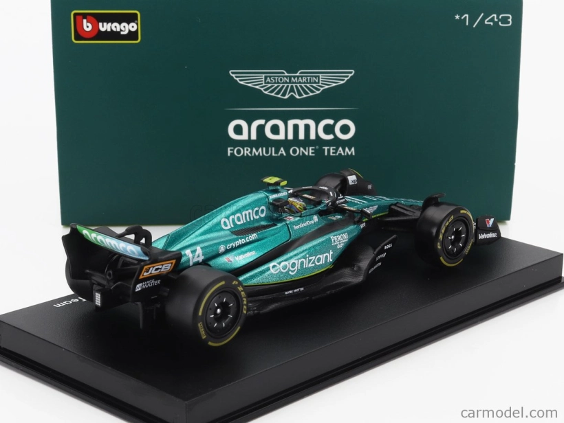 Bburago Aston martin F1 Amr23 Team Aramco Cognizant N 14 Season 2023 Fernando Alonso – With Pilot And Showcase 1:43 zelená
