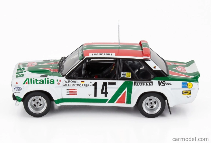 Ixo-models Fiat 131 Abarth Team Alitalia N 14 Rally Montecarlo 1981 Dario Cerrato - Luciano Guizzardi 1:43 Biela zelená červená