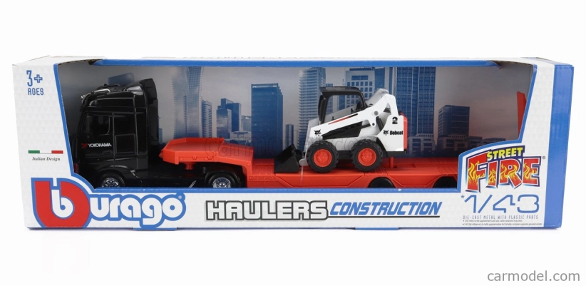Bburago Mercedes benz Actros 2 Gigaspace Truck Pianale Trasporto Bobcat Ruspa Gommata Front Loader Scraper 2016 1:43 Černá Oranžová