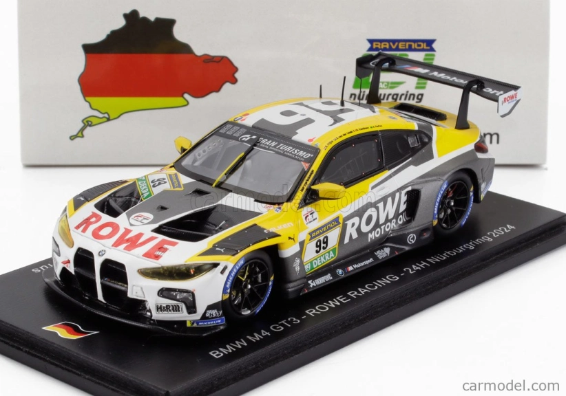Spark-model BMW radu 4 M4 Gt3 Team Rowe Racing N 99 24h Nurburgring 2024 R.frijns - S.van Der Linde - D.vanthoor - A.farfus 1:43 Sivá Žltá Biela