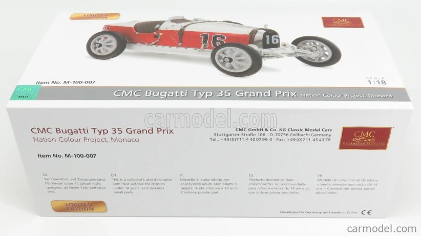 Cmc Bugatti T35 N 16 Nation Colour Project Monaco 1924 1:18 červená biela