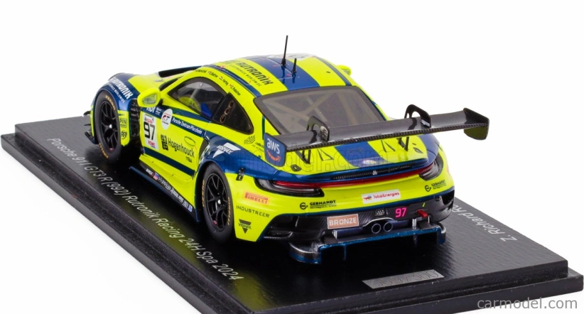 Iskrový model Porsche 911 992 Gt3 R 4.2l Team Rutronik Racing N 97 24h Spa 2024 Dustin Blattner - Richard Robichon - Dennis Marschall - Loek Hartog 1:43 Žltá Modrá