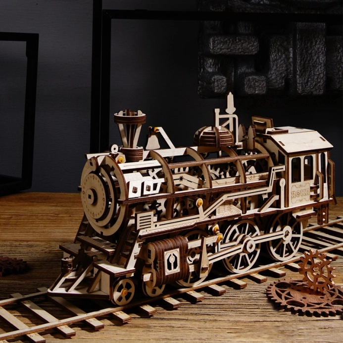 RoboTime 3D drevené mechanické puzzle Parná lokomotíva
