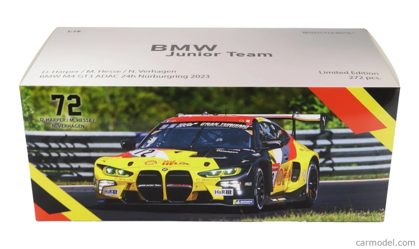 Minichamps BMW radu 4 M4 Gt3 Team Bmw Junior N 72 24h Nurburgring 2023 Dan Harper - Max Hesse - Neil Verhagen 1:18 čierna žltá červená