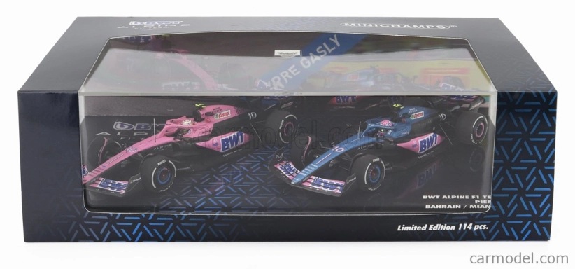 Minichamps Renault Set 2x F1 A523 Team Bwt Alpine N 10 9. GP Bahrajnu 2023 + N 10 8. GP Miami 2023 Pierre Gasly 1:43 Modrá čierna ružová