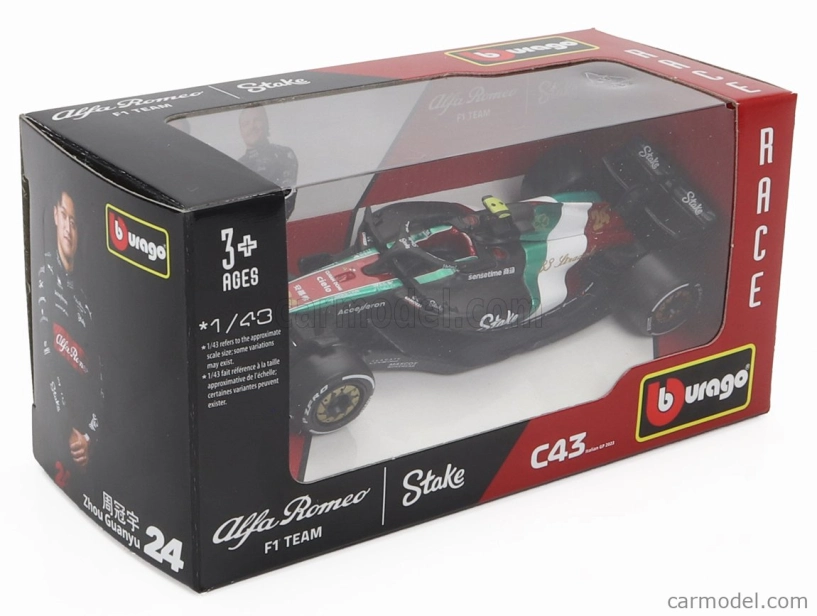 Bburago Alfa romeo F1 C43 Team Stake N 24 Monza Italy Gp 2023 Guanyu Zhou 1:43 čierna červená biela zelená