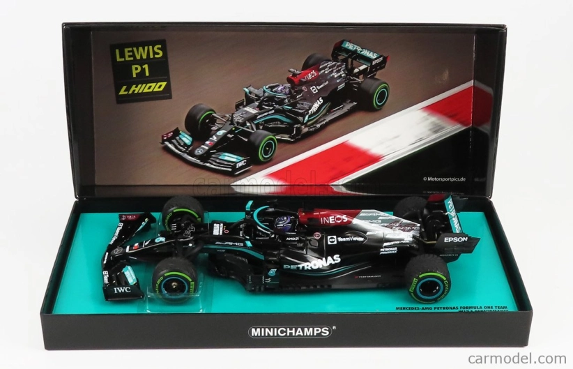 Minichamps Mercedes gp F1 W12 Mercedes M12 Eq Power+ Team Amg Petronas Motorsport Formula One N 44 Winner Sotchi Russian Gp 2021 Lewis Hamilton - 100. víťazstvo F1 - s pit boardom 1:18 čierno-zelená