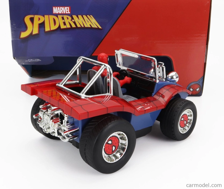 Jada Mayers manx Buggy With Spiderman Figure Marvel 1964 1:24 Modrá Červená