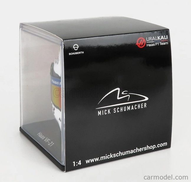 Mini prilba Schuberth prilba F1 Casco Prilba Team Haas Vf-21 Belgian Gp Spa 2021 Mick Schumacher 1:4 Biela modrá červená žltá