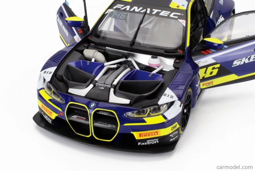 Minichamps BMW radu 4 M4 Gt3 Team Wrt N 46 4h Le Castellet 2024 Valentino Rossi - Maxime Martin - Raffaele Marciello 1:18 Modrá Žltá Čierna