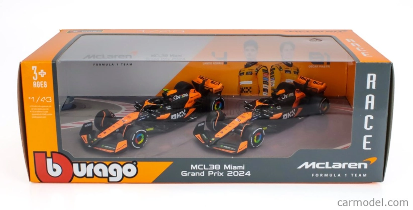 Bburago Mclaren Set F1 2x Mcl38 Team Mclaren N 4 Season 2024 Lando Norris + N 81 Season 2024 Oscar Piastri 1:43 oranžová čierna