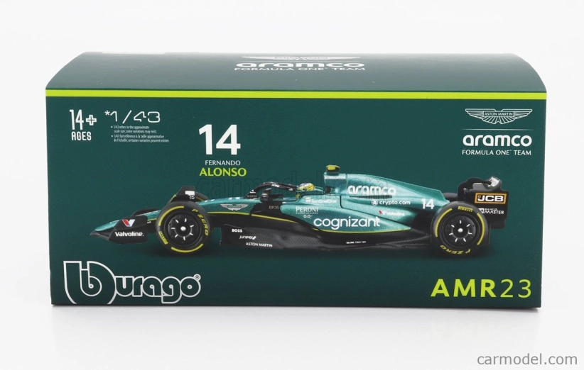 Bburago Aston martin F1 Amr23 Team Aramco Cognizant N 14 Season 2023 Fernando Alonso – With Pilot And Showcase 1:43 zelená