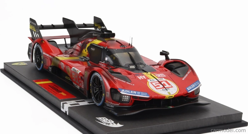 Bbr-models Ferrari 499p 3.0l Turbo V6 Team Ferrari Af Corse N 51 Winner 24h Le Mans (dirty Version - End Of Race) 2023 Alessandro Pier Guidi - James Calado - Antonio Giovinazzi - Con Vetrina - With Showcase 1:18 Červená Žlutá Černá