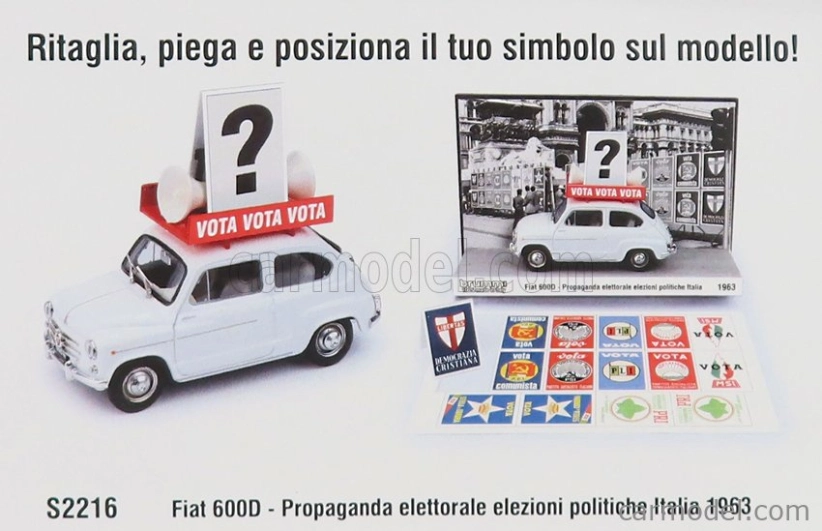 Brumm prom Fiat 600d 1963 - Propaganda Elettorale Elezioni Italia Vota - Vota - Vota 1:43 Bílá