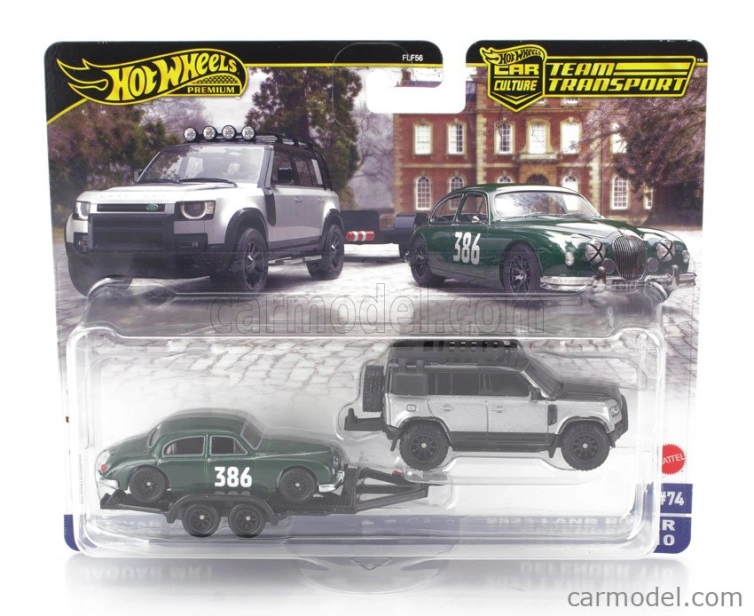 Mattel hot wheels Land rover New Defender 110 With Roof Pack 2020 + Trailer With Jaguar Mki N 386 Racing 1959 1:64 Stříbrná Černá Zelená