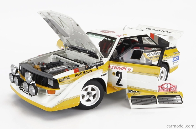 Autoart Audi Quattro Sport S1 (nočná verzia) N 2 4th Rally Montecarlo 1986 S figúrkou W.rohrl - C.geistdorfer 1:18 Žltá Biela Červená