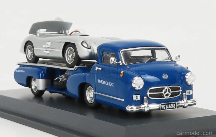Schuco Mercedes benz Racing Car Transporter Truck Rennwagen 1955 With 300 Slr Spider 1:43 Modrá Stříbrná