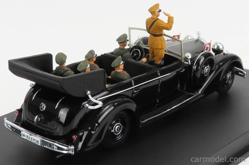 Rio-models Mercedes benz 770k Parade Cabriolet Open 1938 With Figures Adolf Hitler - Hermann Göring - Heinrich Himmler - Reinard Heydrich - Joseph Goebbels - Ss Driver Erich Kempka 1:43 Military Black