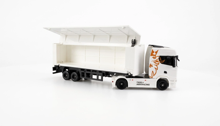 RC licencovaná Scania 730 S s návesom, GYRO, driftovacia, proporcionálny pohon 4x4, 1:64 RTR, biela