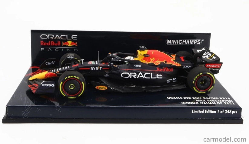Minichamps Red bull F1 Rb18 Team Oracle Red Bull Racing N 1 Winner Taliansko Gp Majster sveta 2022 Max Verstappen 1:43 Matná modrá žltá červená