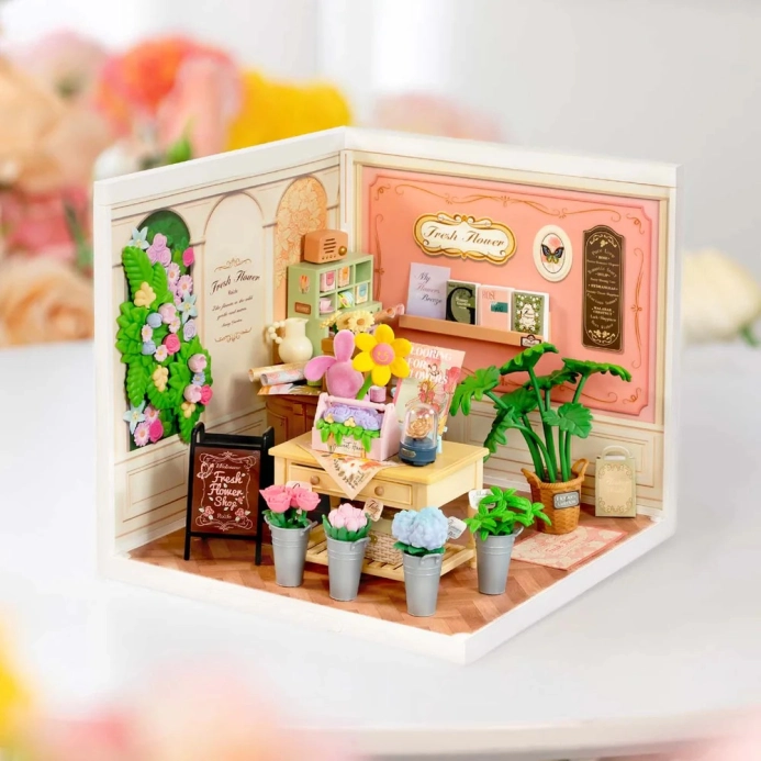 RoboTime 3D drevená stavebnica – Miniatúrny domček „Kvetinárstvo Fresh Flower“